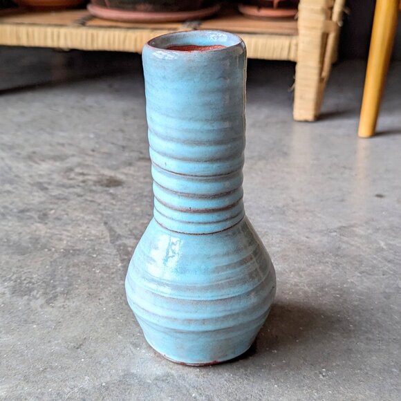 Vintage Handmade Blue Painted Terra Cotta Tall Vase - Picture 2 of 6